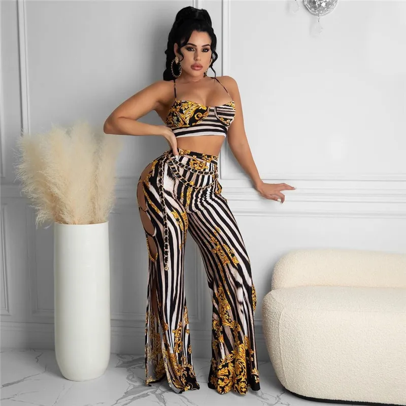

Women Sexy Summer Street Stylish Top&Pants Two Pieces Sling Straps Crop Tops and Hollow Wide Leg Pants Printed Summer Outfits