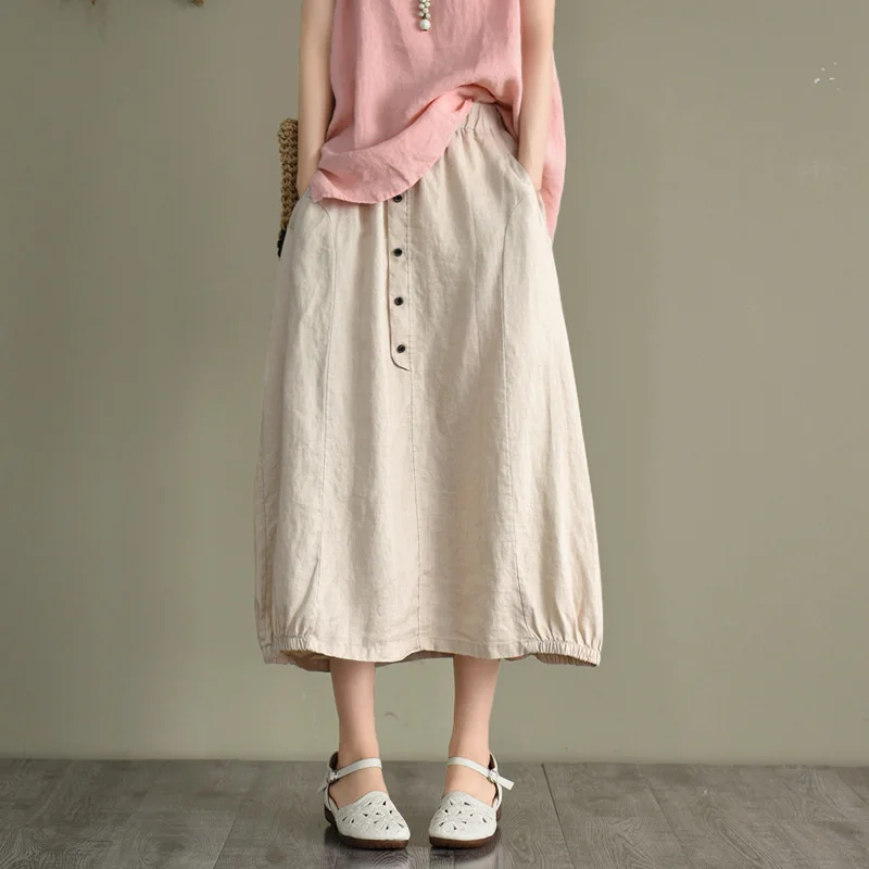 

Spring And Summer Khaki Wine White Art Elastic Waist Thin Linen Skirts Splicing Show Casual Medium Long A-line Skirt For Women