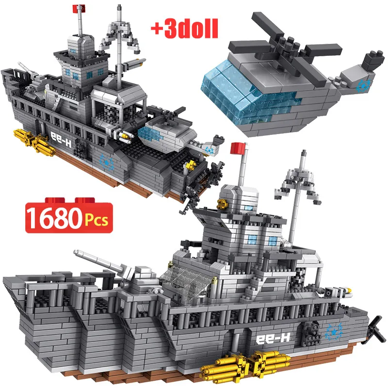 1680 шт. армейский военный корабль мини разрушитель авианосец Военная 3D модель DIY