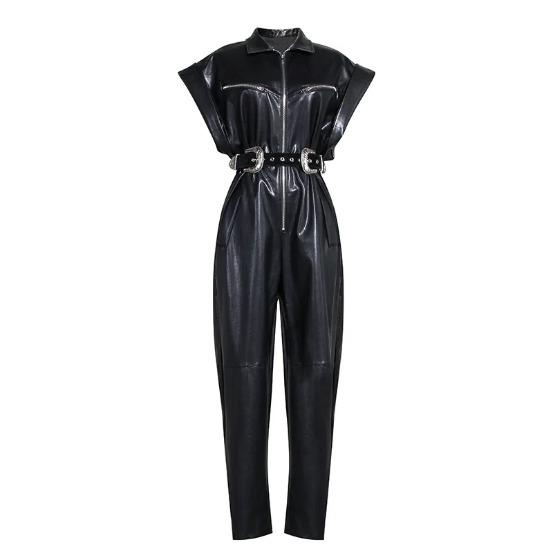 

Women High quality elegant design PU long pants ladies cap sleeve leather jumpsuit with belt