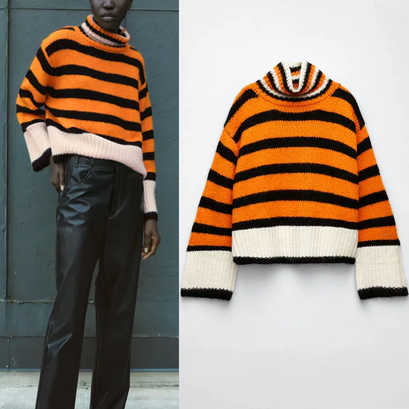 

Женский вязаный свитер в полоску Za, мягкий джемпер с длинным рукавом и высоким воротником, винтажный Свободный пуловер в стиле High Street для зи...