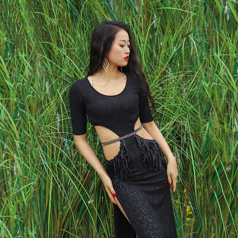 Женская юбка для танца живота с высоким разрезом и кисточками фолк-представлений