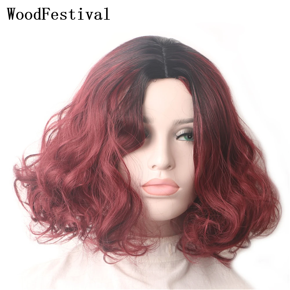 

WoodFestival Curly Synthetic Short Bob Wig Hair Cosplay Wigs For Women Ombre Black To Green Burgundy High Temperature Fiber