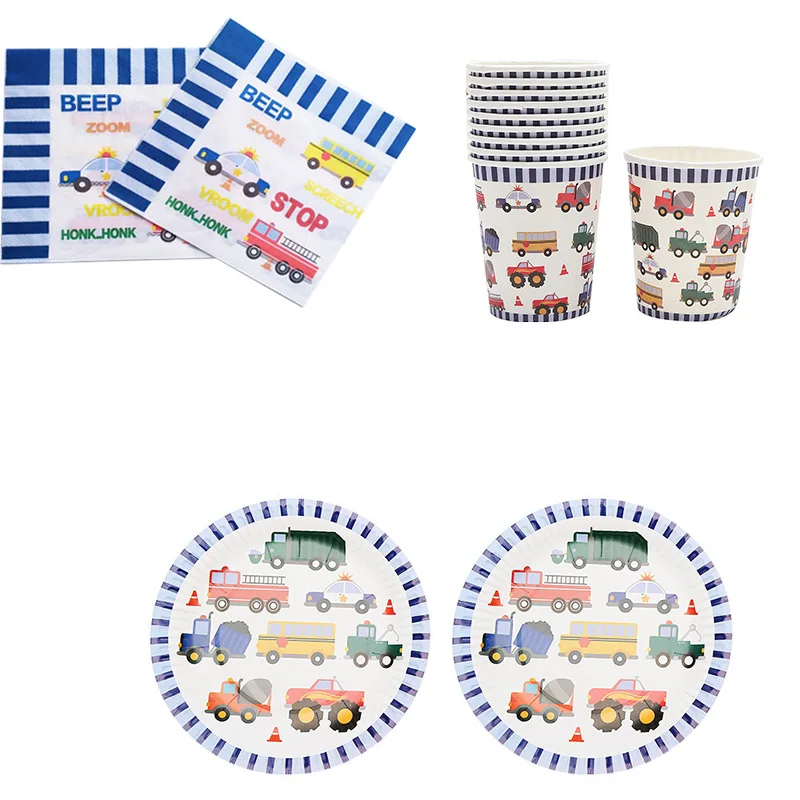 

AVEBIEN Creative Fun Cartoon Truck Fire Truck Pattern Birthday Party Decoration Disposable Tableware Set Paper Plate Paper Cup