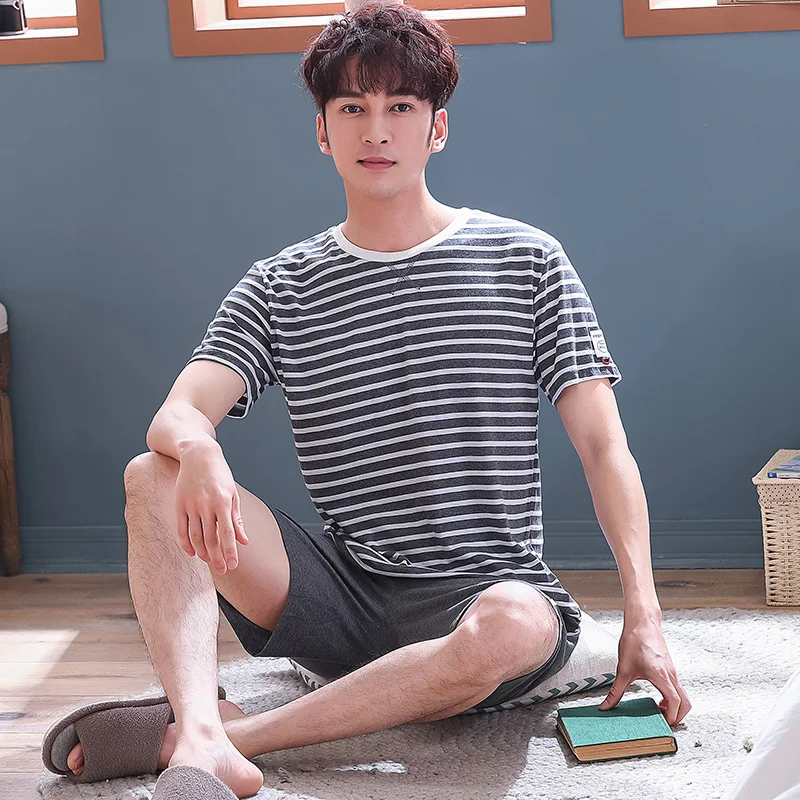 Летние повседневные полосатые пижамные комплекты из хлопка для мужчин, одежда для сна с коротким рукавом, Мужская домашняя одежда, пижама для отдыха, Ночной костюм, одежда
