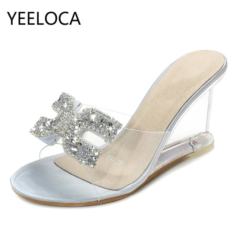 

New High Heels Crystal Sandals Women Summer Peep Toe Slippers Female Rhinestone Transparent Heel Wedges Sandals Pumps