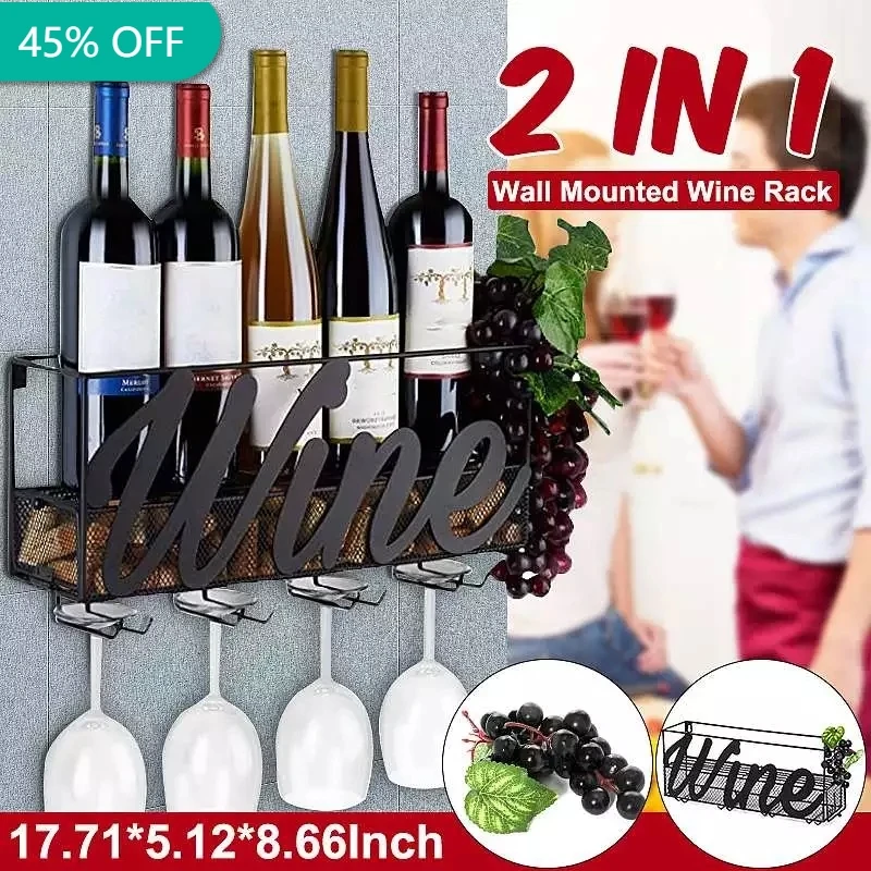 

2 IN 1 Wall Mounted Wine Rack Home Bar Decor Wine Glass Hanging Holder Goblet Stemware Storage Organizer Rack With Cork Tray