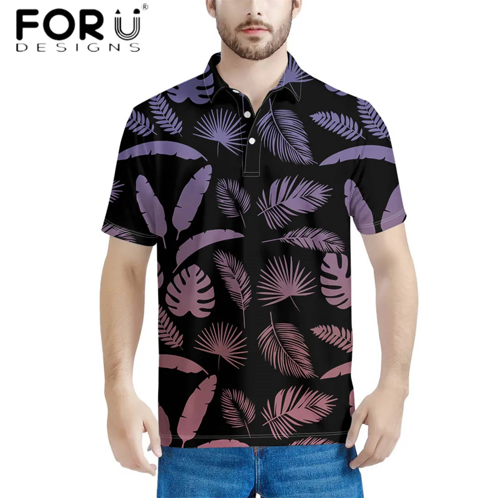 

FORUDESIGNS Summer Plam Leaves Peinting Men's Polos Tshirt Comfort Short Sleeves Turn-down Collor Golf Tops&Tees Masculina