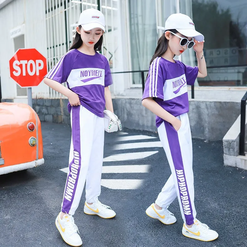 

Детская летняя спортивная одежда унисекс для девочек, комплект детской одежды, хлопковые наряды, спортивный костюм с принтом в Корейском ст...