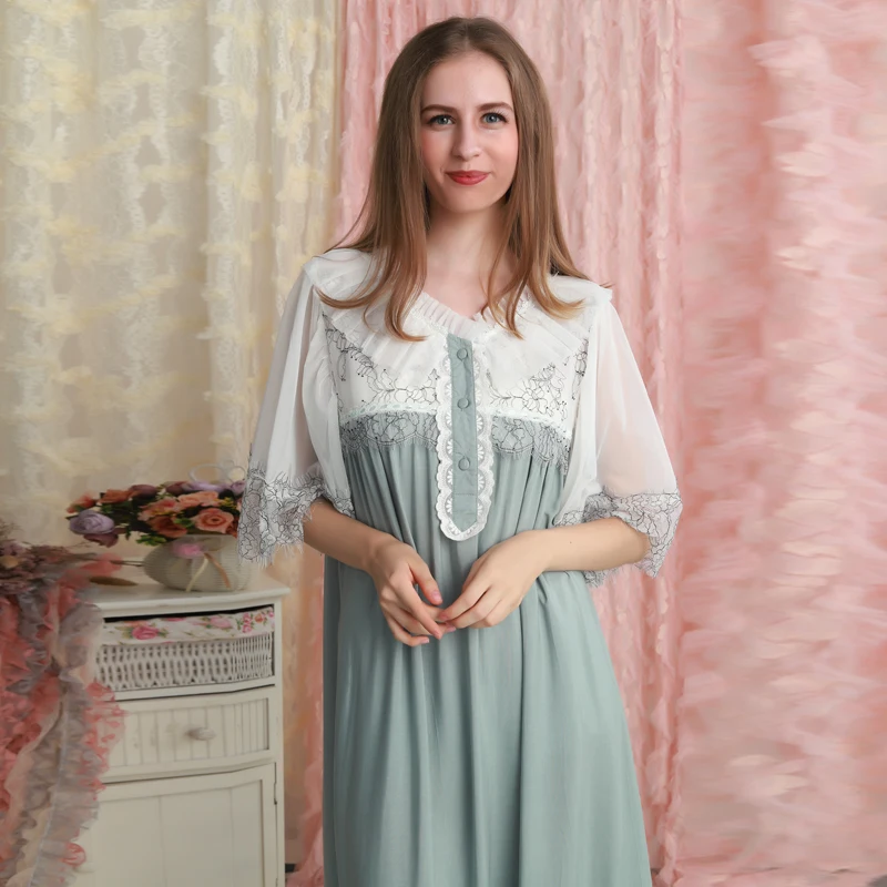 Ночная рубашка с рукавами Женская ночная принцессы Кружевная длинная короткими