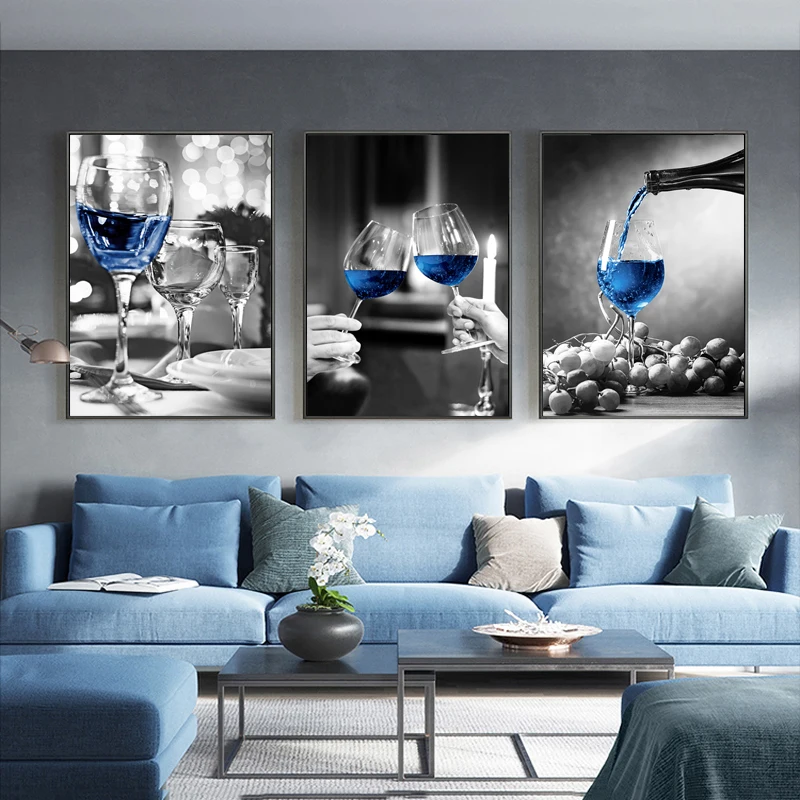 

Vintage Black And White Wine Glass Canvas Poster Printings Champagne Blue Wall Picture For Living Room Home Decor Unframed