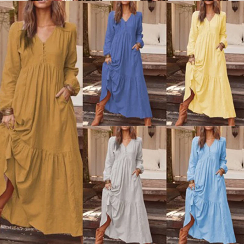 

Casual Women V-neck Long Dress Spring Autumn Loose Ankle-length Dresses Ladies Solid Big Swing Dresses Vestidos