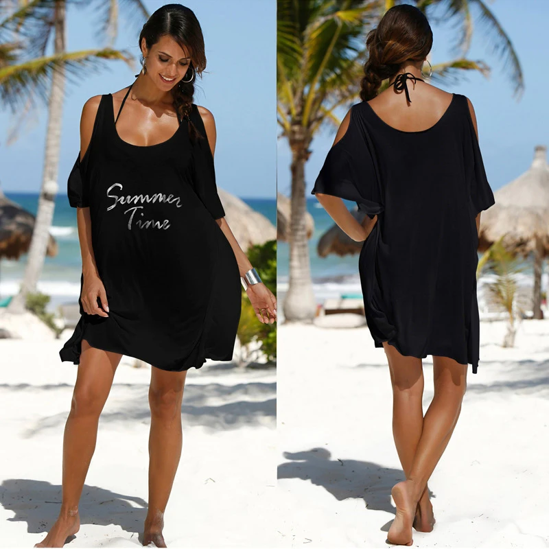 Женское пляжное платье с круглым вырезом открытыми плечами и рукавом летучая