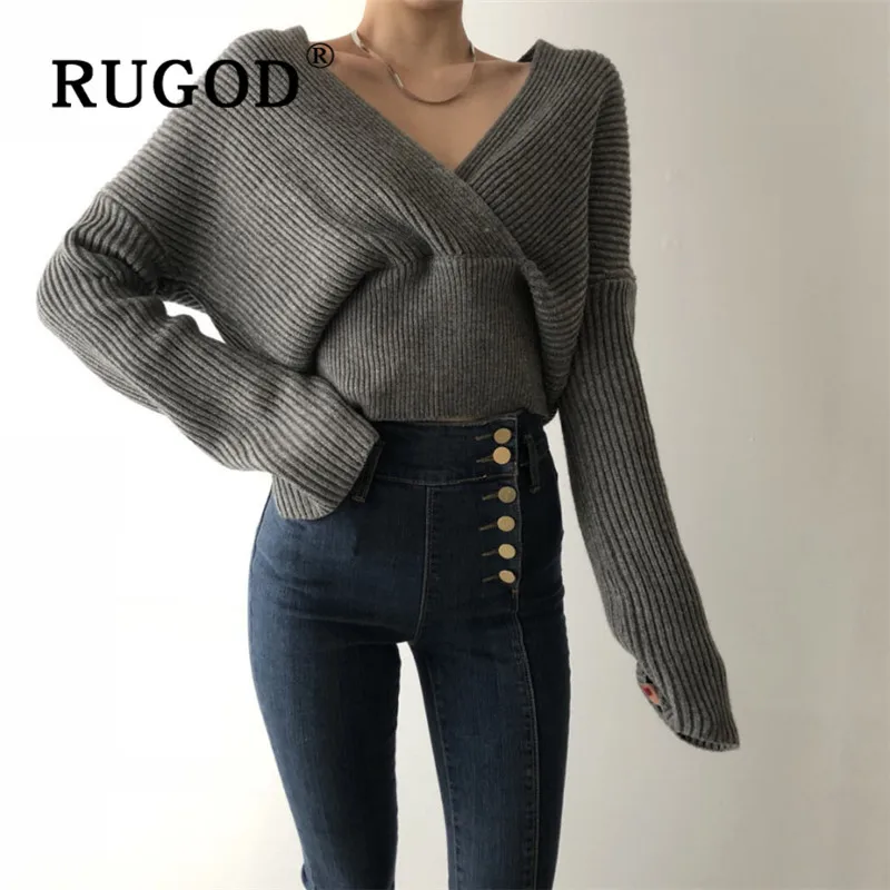 RUGOD korean chic solid female sweater pullovers v neck cross shape high waist knitted pull fashion elegant woman warm | Женская одежда