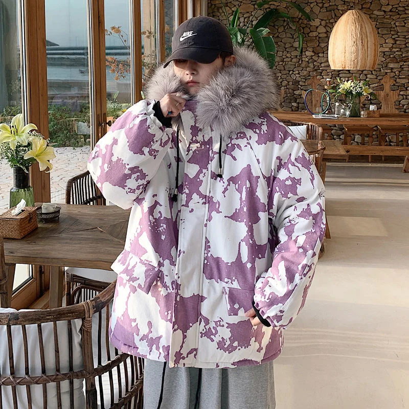 

Hybskr 2021 New Fake Fur Hooded Mens Parkas Oversized Thicken Male Winter Coat Warm Harajuku Fashion Mens Cotton Padded Jacket