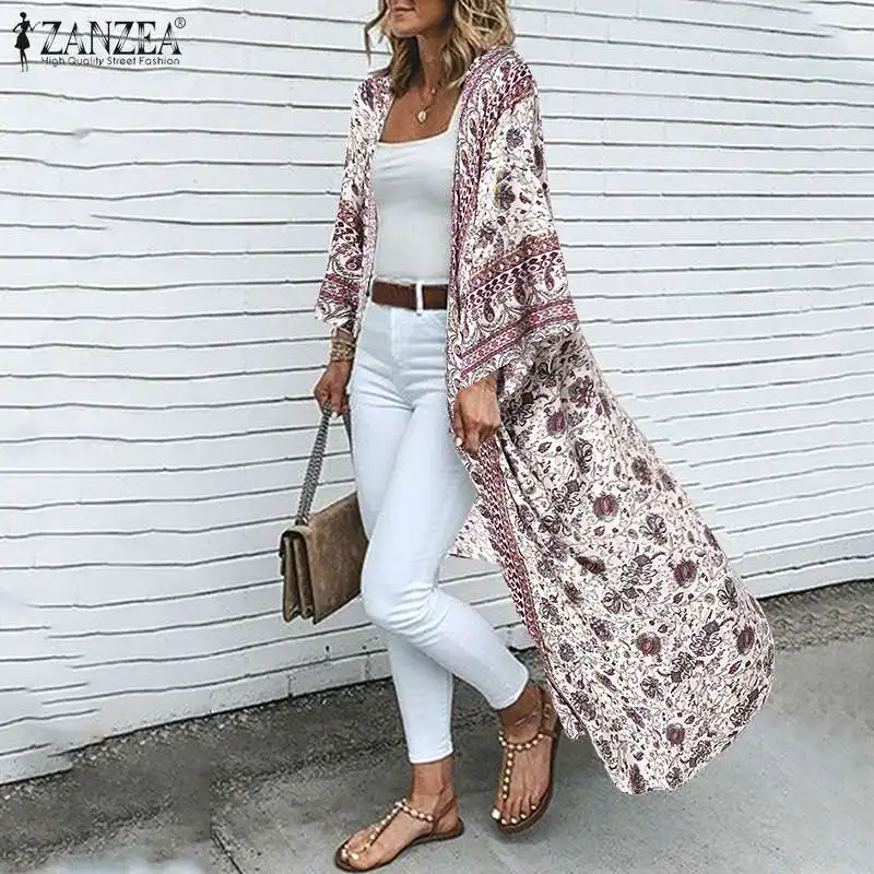 

ZANZEA Summer Women Cardigan Bohemian Floral Printed Beach Party Long Kimono Open Front Holiday Blouse Shirt Robe Retro Coverups