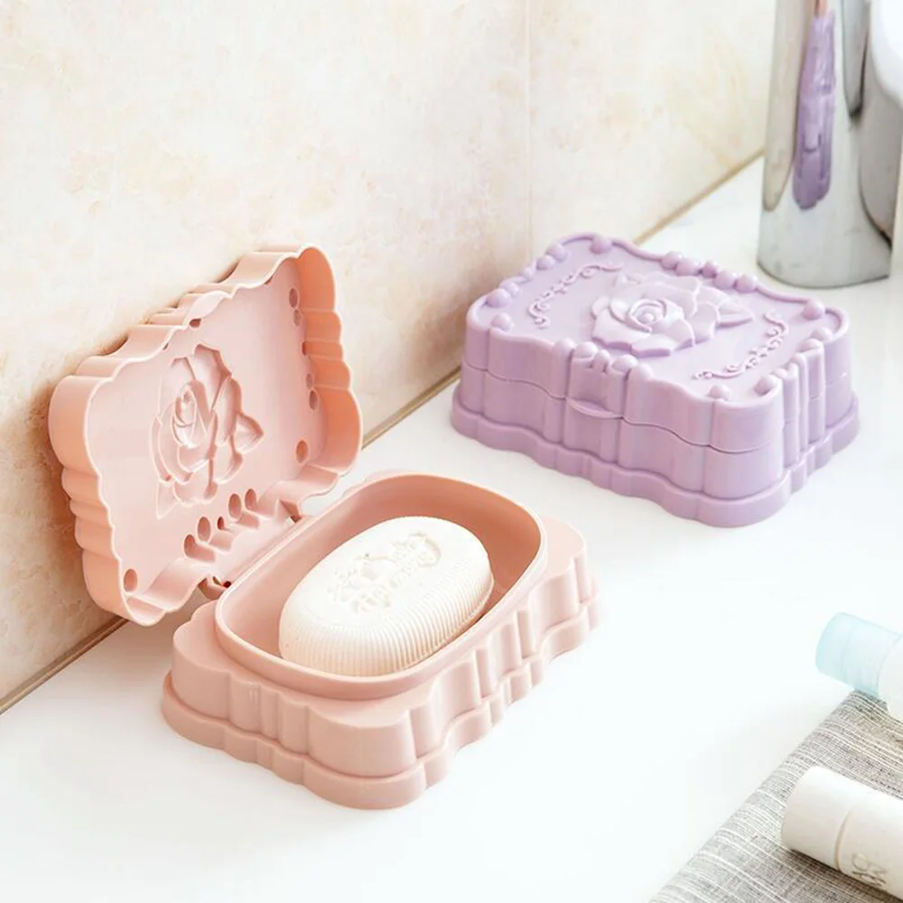 

Soap Dish Holder Case Box Container Bathroom With Lid Soap Box Rose Carved Soap Box Creative Travel Portable Soap Small BoxES
