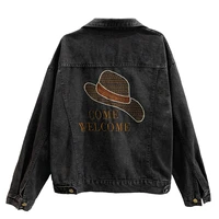 2021 spring autumn black jean jacket coat slim short women jacket long sleeve lapel hat pattern embroidered fashion denim jean