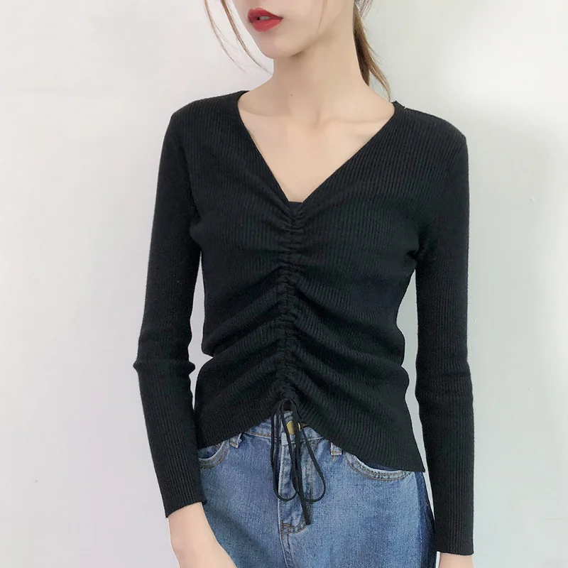 

V-neck cultivate one's morality sweater knitting render unlined upper garment joker female draw string long-sleeved T-shirt coat