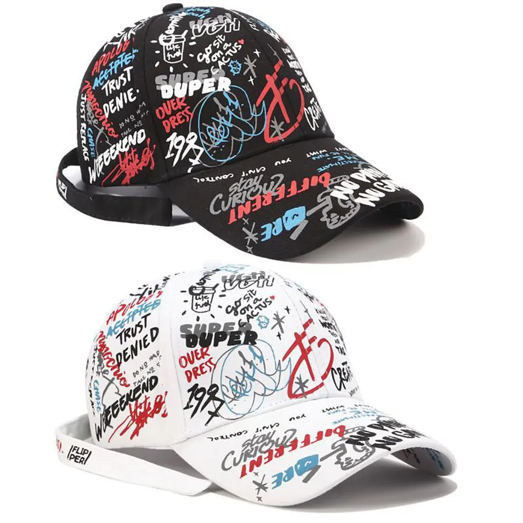 

Baseball Cap Summer White Graffiti Cap Black Korean Cotton Print Women's Cap Adjustable Sports Female Cap Fashion Shade Hat