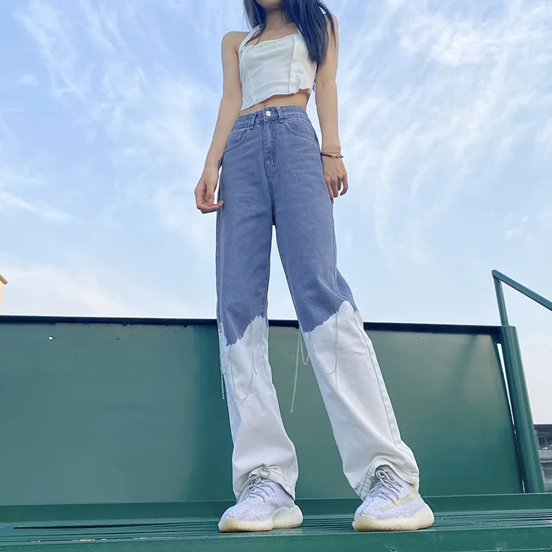 

Women Boyfriend Wide Leg Jeans, High Waist Color Block Loose Denim Pants with Metal Chain