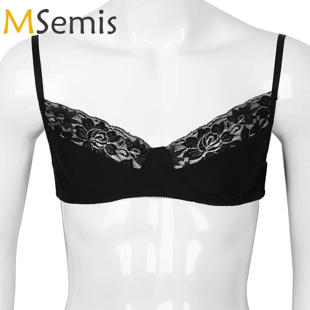 MSemis Мужское нижнее белье SISSY бюстгальтер без косточек Гладкий кружевной бюстгалтер с цветами Топ без косточек с регулируемыми бретельками Ночная одежда для геев