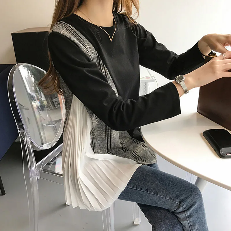 

НОВАЯ шикарная Асимметричная клетчатая рубашка, Женская клетчатая футболка в стиле пэчворк с круглым вырезом, женские плиссированные вяза...