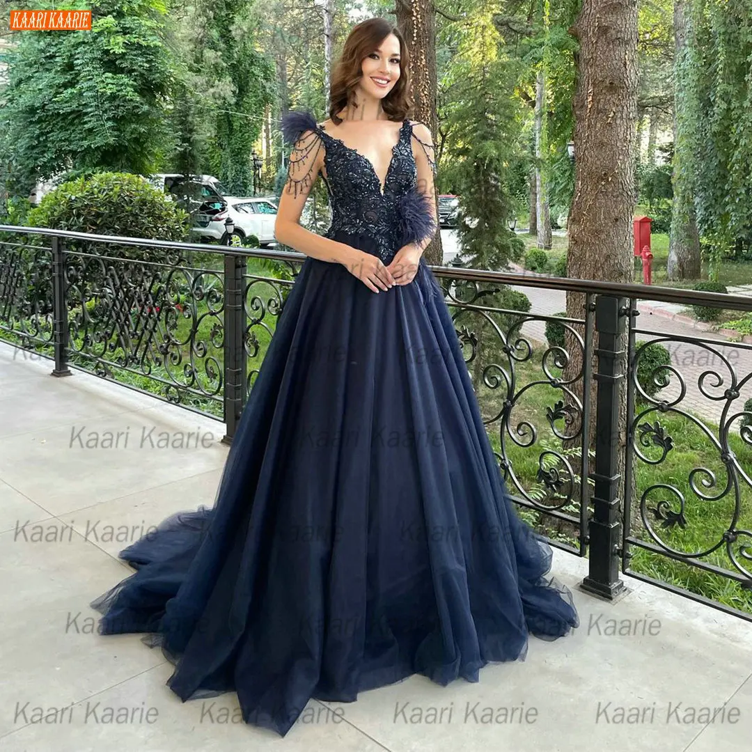 

Sexy Dark Navy V Neck Evening Gown 2022 Vestido De Festa De Casamento Appliqued Beading Abendkleider A Line Women Party Dresses