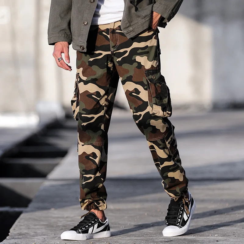 Для мужчин с камуфляжным принтом хлопковые брюки карго карманами размера плюс