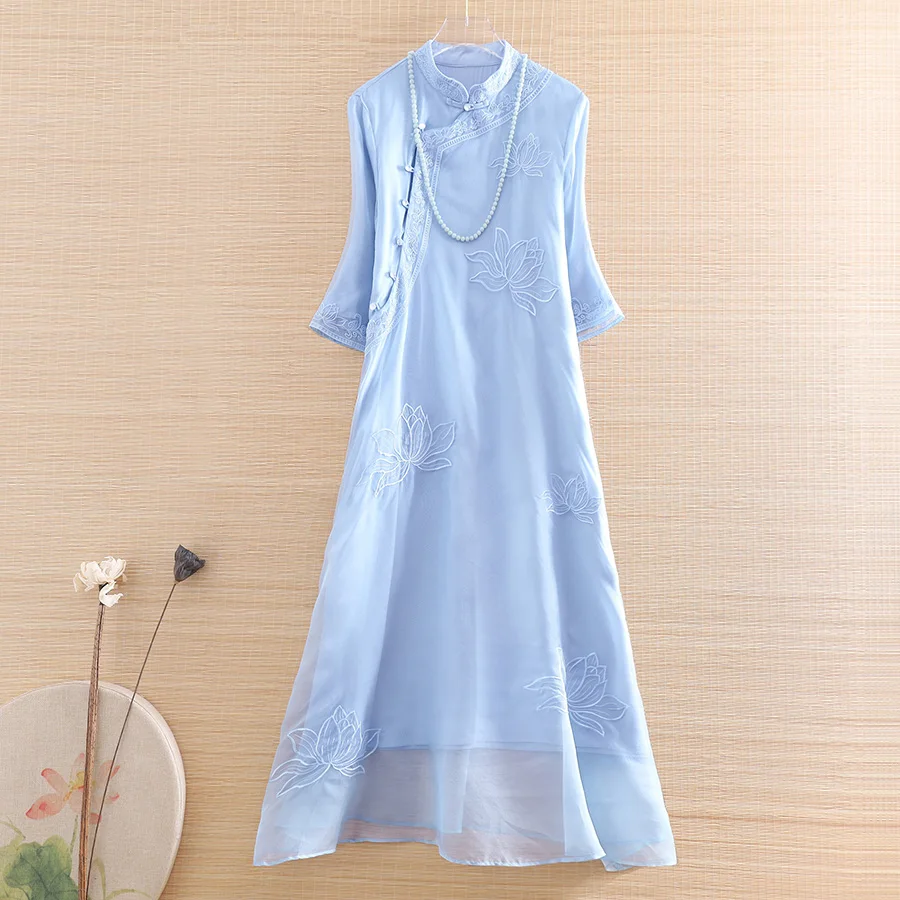 

Chinese Style Women Silk Organza Qipao Dress Summer Royal Embroidery Lotus Vintage Elegant Lady Luxurious Cheongsam Dress M-XXL