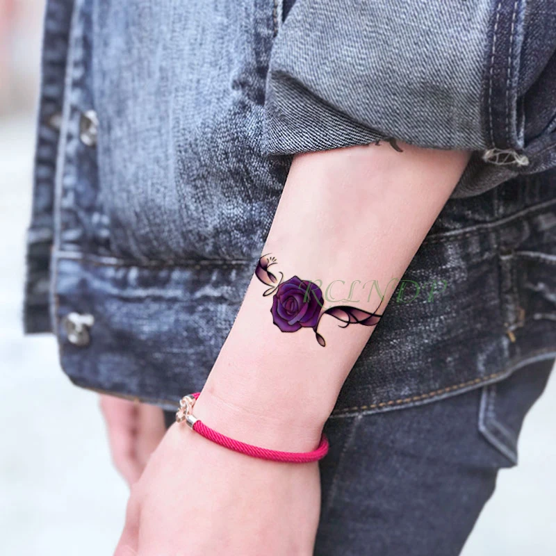 Waterproof Temporary Tattoo sticker purple rose flower leaf plant small tatto flash tatoo fake tattoos for girl women kid | Красота и