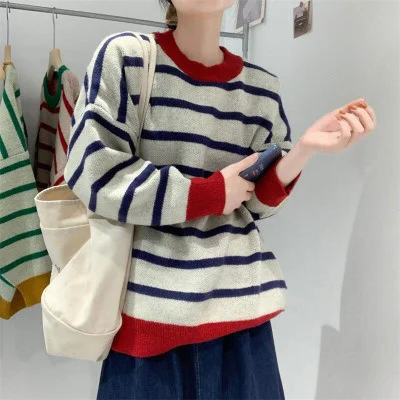 

Цветной яркий полосатый свитер контрастных цветов вязаная одежда с длинным рукавом Осень 2021