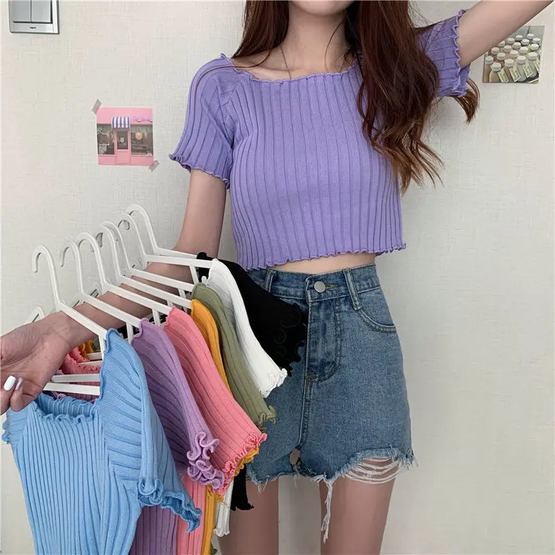 Knitted short-sleeved T-shirt women's summer 2020 new Korean version of the slimmed-down student short top ins