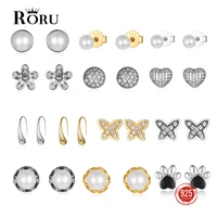 real 925 sterling silver earrings round zircon gold plated jewelry white pearl stud earrings luxury ear jewelry gift for women