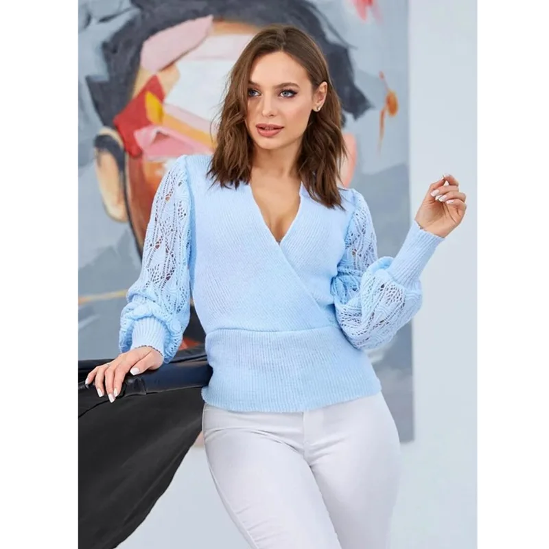 

Autumn and winter new ladies V-neck fashion solid color cross hollow sexy stitching lace knitted pullover sweater