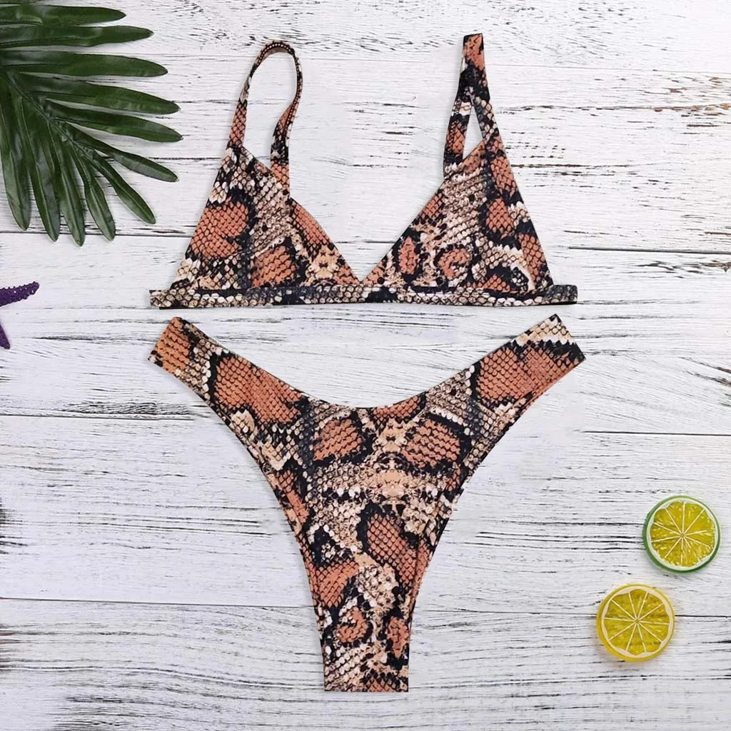 Vest Snake Printed Skin High Cut V Neck Thong Bikini Halter Two Pieces Monokini Swimwear Brazilian Push-Up Pad Beach Swimsuit#// | Женская