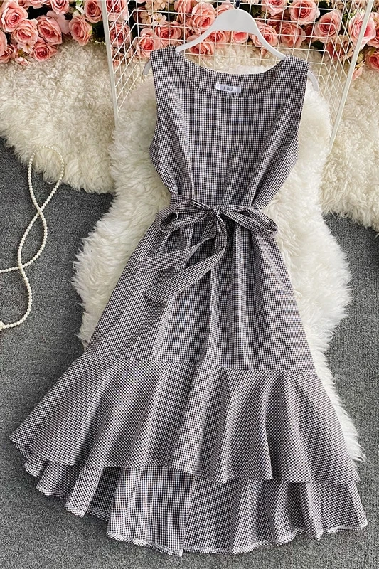 

Summer Vintage dress 2021 women's plaid midi dress fashion u neck retro elegant waist slimming sleeveless vest dress vestido