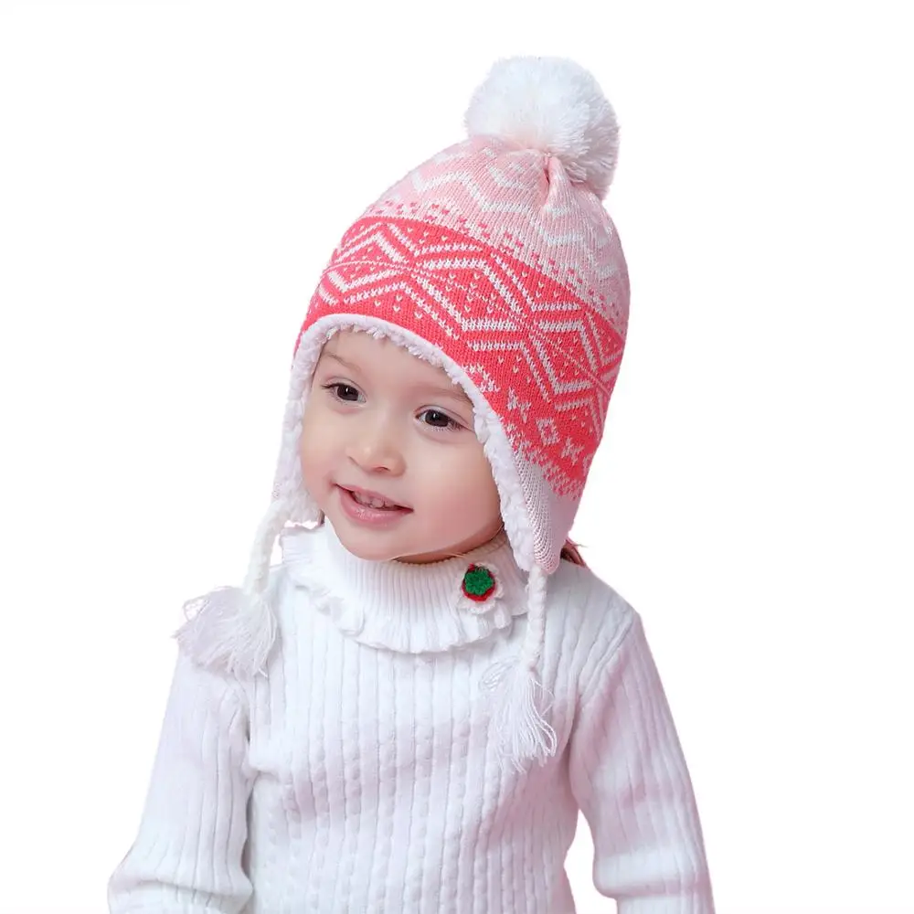 Детская вязаная шапка с шерстяной подкладкой для маленьких девочек зимняя