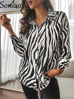 2021 autumn new shirt vintage striped print lapel long sleeve women blouse casual loose oversized button up shirt tops blusas