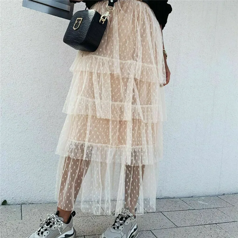 Женская кружевная юбка в горошек белая или черная длинная из тюля с высокой