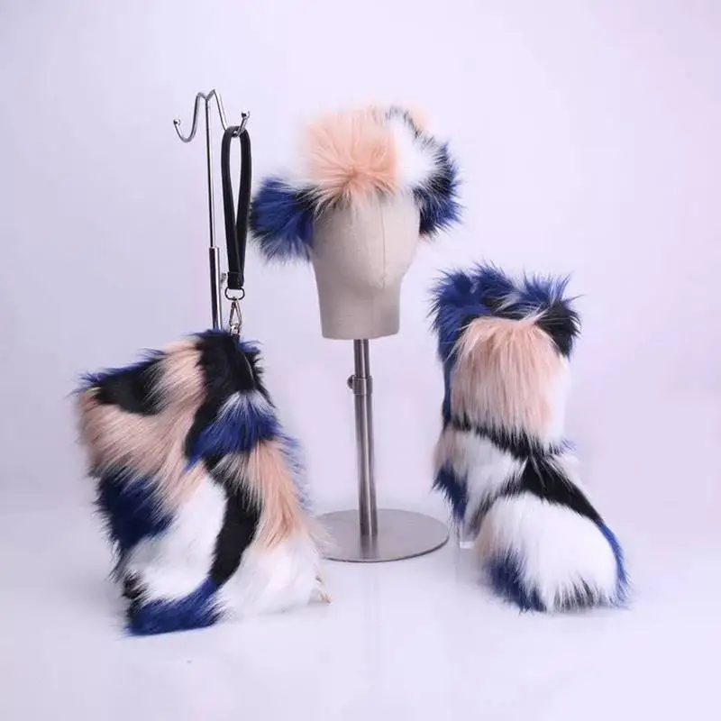 

ORCHA LISA Cute Womens Snow Boots warm Fur Headband shoes set furry Boots flat heels black white pink lady boots botas mujer