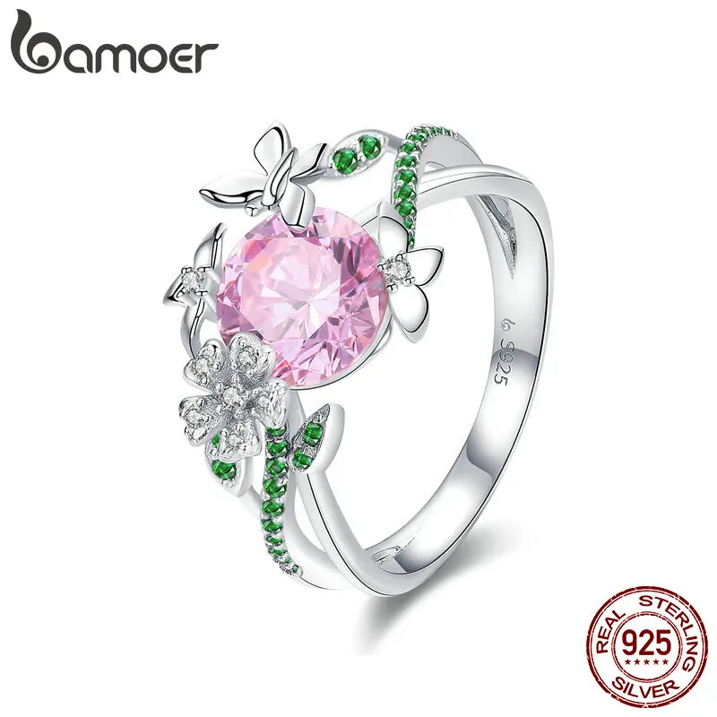 BAMOER, 925 пробы, серебряные, секретный сад, цветок, бабочка, кольца на палец для женщин, розовый CZ, обручальное кольцо, ювелирные изделия BSR010