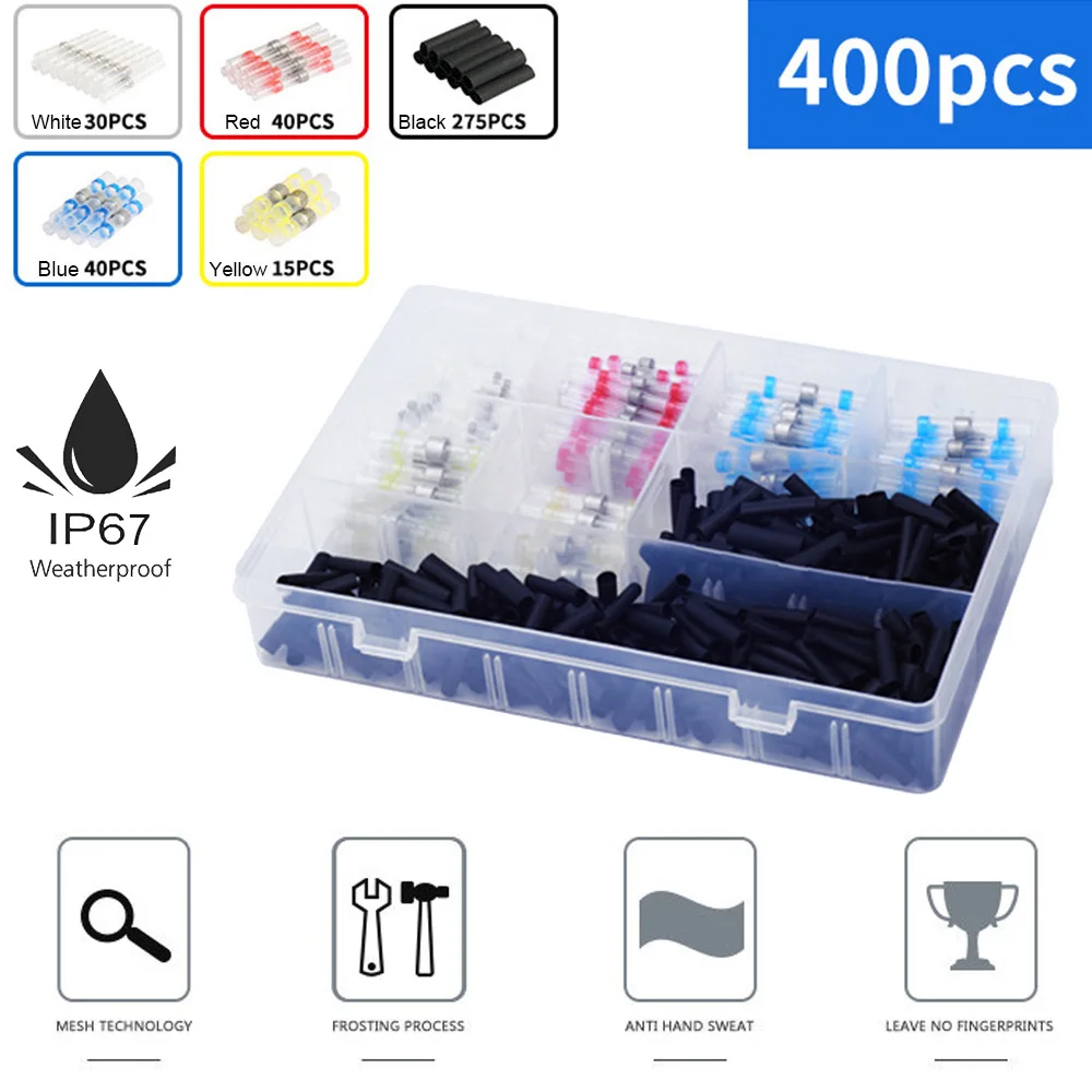 

400pcs/set Solder Seal Wire Connectors Waterproof Heat Shrink Soldering Butt Terminal Connectors Set for Cars Boats Outdoor