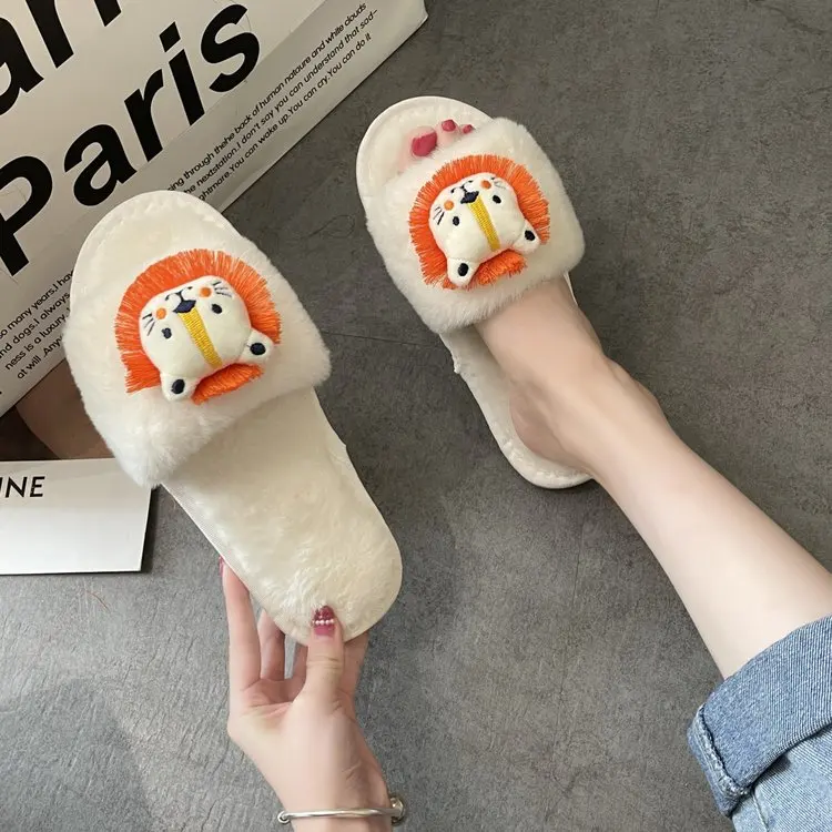 Winter Household Ladies Cotton Slippers Cute Little Lion Decoration Comfortable Slippers Female Furry Slippers Female Slippers