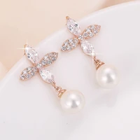 de312 street series fashion exquisite copper zircon leaf faux pearl stud earrings gifts for girls evening woman jewelry earrings