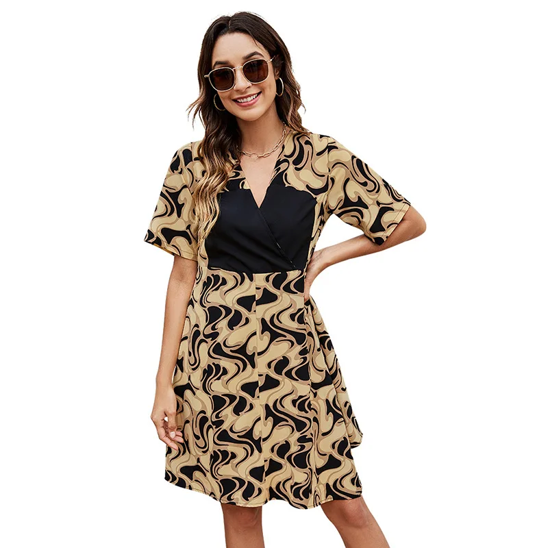 

Elegant Summer Dress Short Sleeve Women Patchwork Office Lady Midi Dresses 2021 Fashion Female A-Line Dresses vestido feminino