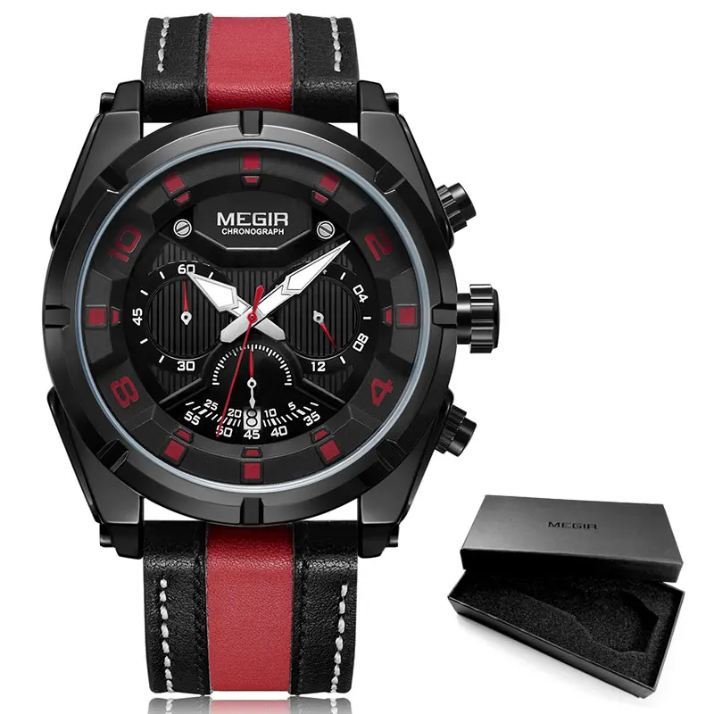 M2076-Red-Black Люксовые часы от бренда MEGIR, модные мужские кварцевые часы с хронографом наручные часы, с кожаным ремешком, светящиеся стрелки 24-часовой спортивные аналоговые наручные часы для мужчин 2076 белый - Цвет: M2076-Red-Black