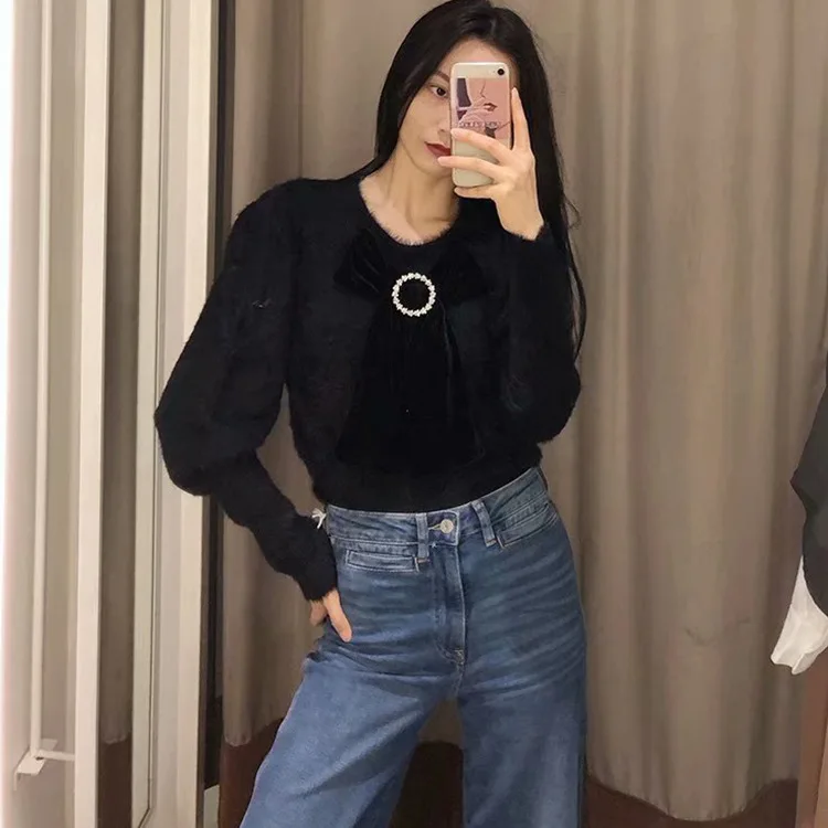 Women Long Sleeve Casual Warm Sweater Female Knit Jumpers Top Autumn Winter Bow Sexy Thick Sweater Pullovers O-Neck Full