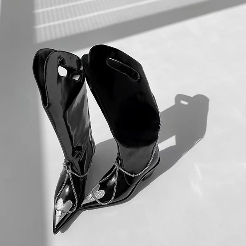 

2021 Women Winter Shoes Black Knee High Platform Boots Patent Leather Pointed Toe Metal Chain Boots Fashion Knight Long Boots