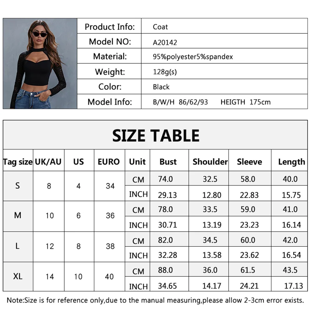 

Women Sexy Black Lace Patchwork Sleeve Crop Top Hollow Out Neck Long Sleeve Slim T-Shirt Female Ladies Spring Clothing
